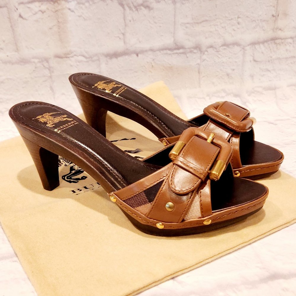 NWB BURBERRY Slip-On Open Toe Leather Wood Heels Novacheck Tan/Brown